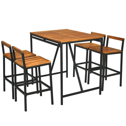 Juego de bar de 5 piezas de madera de acacia y ratán PE para exteriores