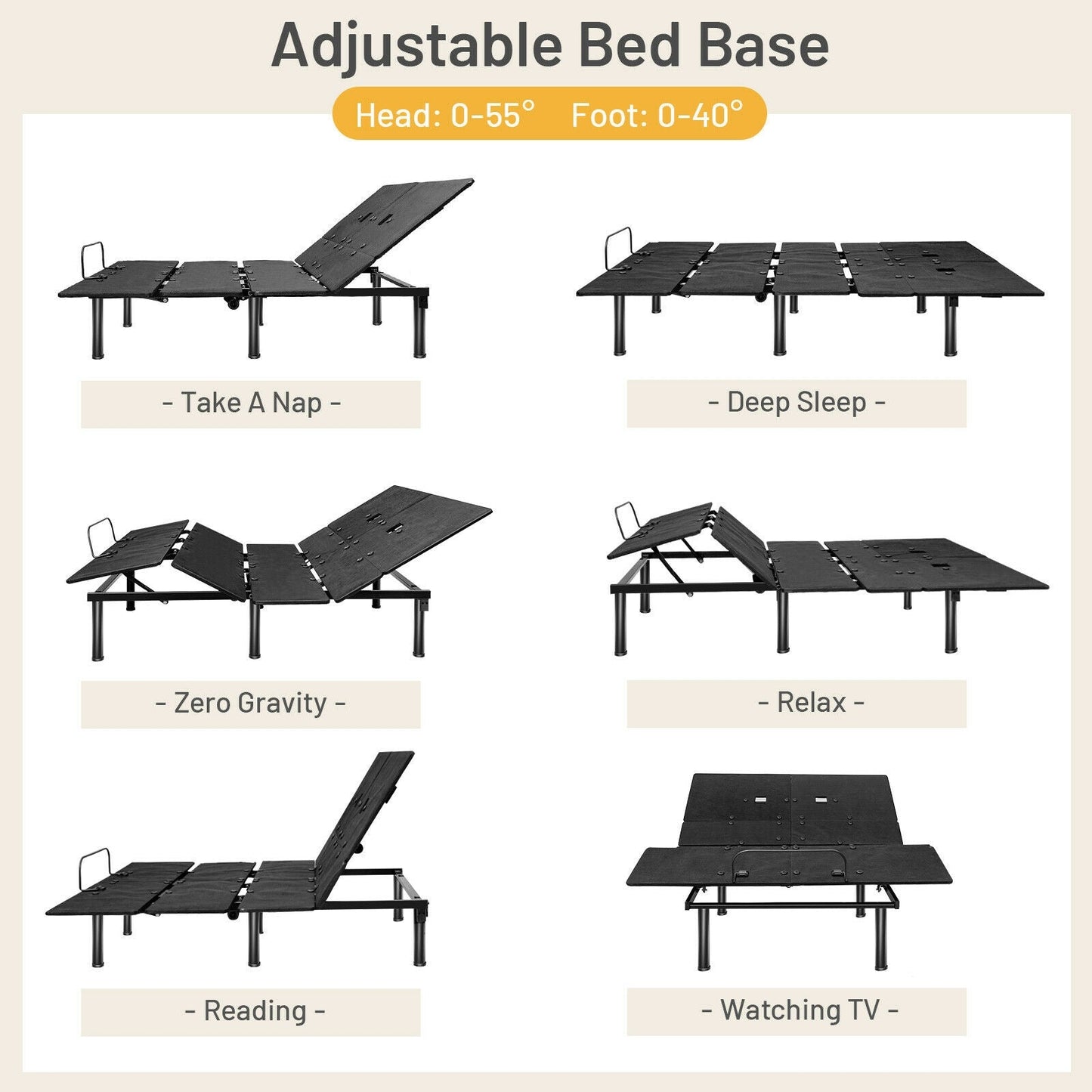 Base de cama ajustable tamaño queen con inclinación de cabecera y piecera