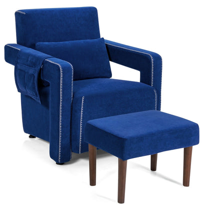 Sillón individual moderno de vellón bereber con otomana y cojín lumbar - Azul