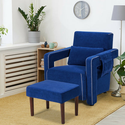 Sillón individual moderno de vellón bereber con otomana y cojín lumbar - Azul