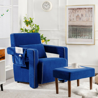 Sillón individual moderno de vellón bereber con otomana y cojín lumbar - Azul