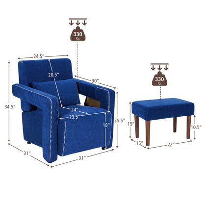 Sillón individual moderno de vellón bereber con otomana y cojín lumbar - Azul