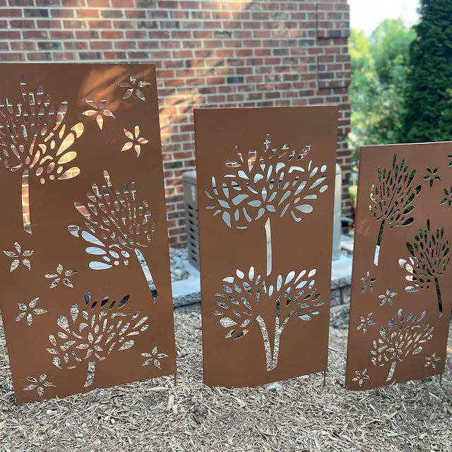 Outdoor privacy screen: 3 rust metal panels with tree cutouts, 46-inch Rustica Ornamentals on Tampa Home & Garden Store
