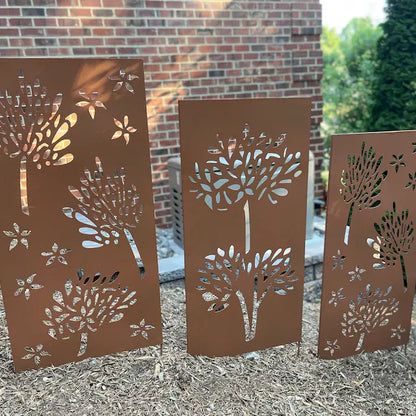 Outdoor privacy screen: 3 rust metal panels with tree cutouts, 46-inch Rustica Ornamentals on Tampa Home & Garden Store