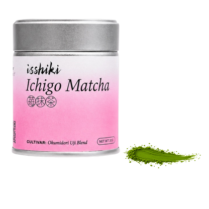 Ichigo Matcha premium matcha powder tin by isshiki matcha with pink gradient label on Tampa Home & Garden Store
