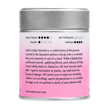 Ichigo Matcha premium matcha powder tin with pink gradient label by isshiki matcha on Tampa Home & Garden Store