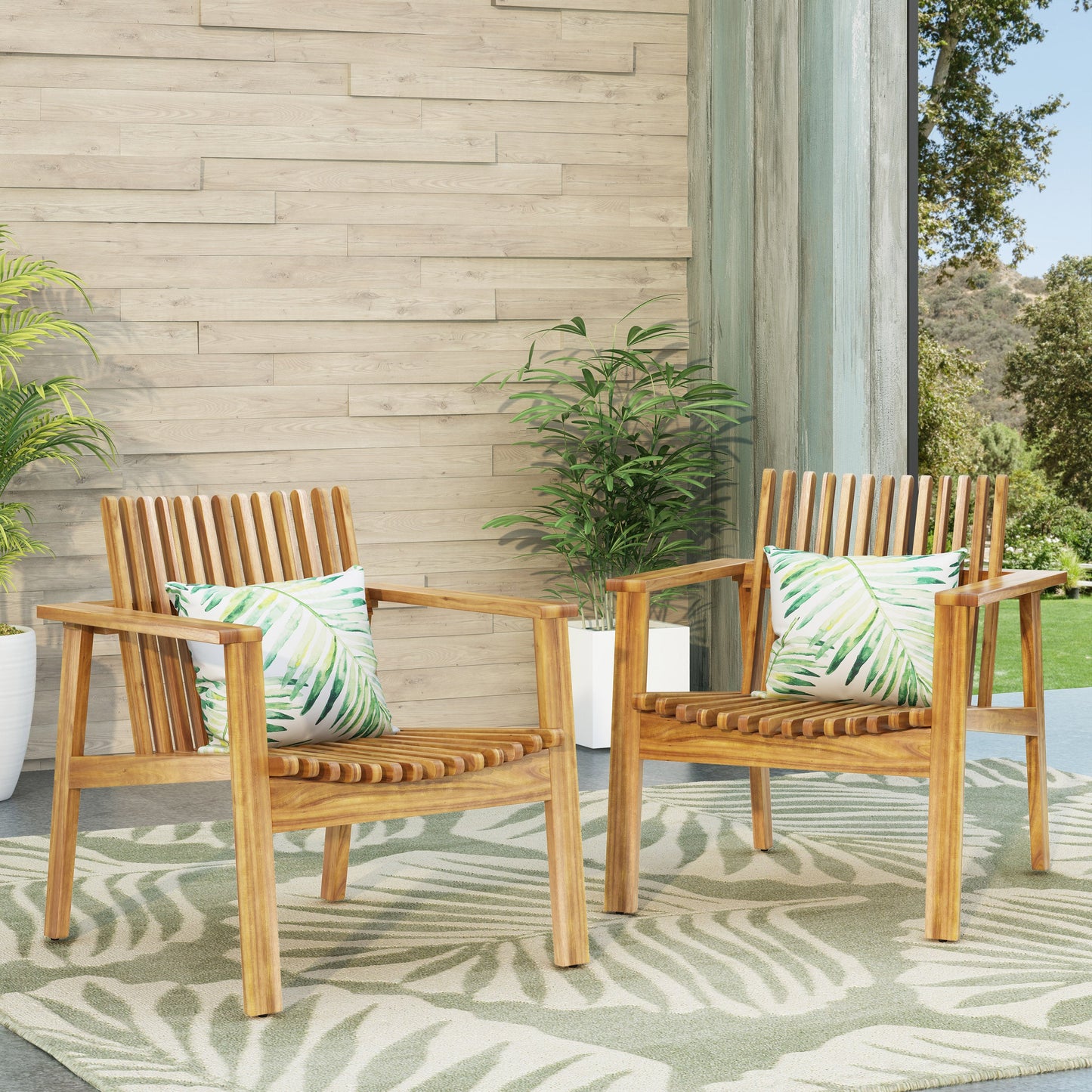 Set of Acacia Wood Slatted Outdoor Club Chairs