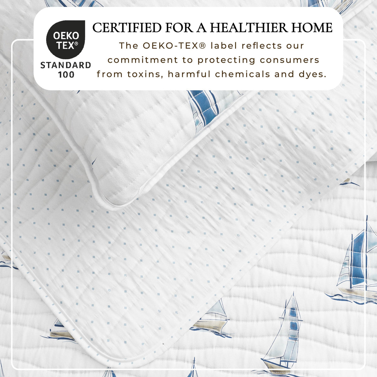 Coastal Blue Sailboat Quilt Set by Great Bay Home, white quilt with blue sailboats on Tampa Home & Garden Store