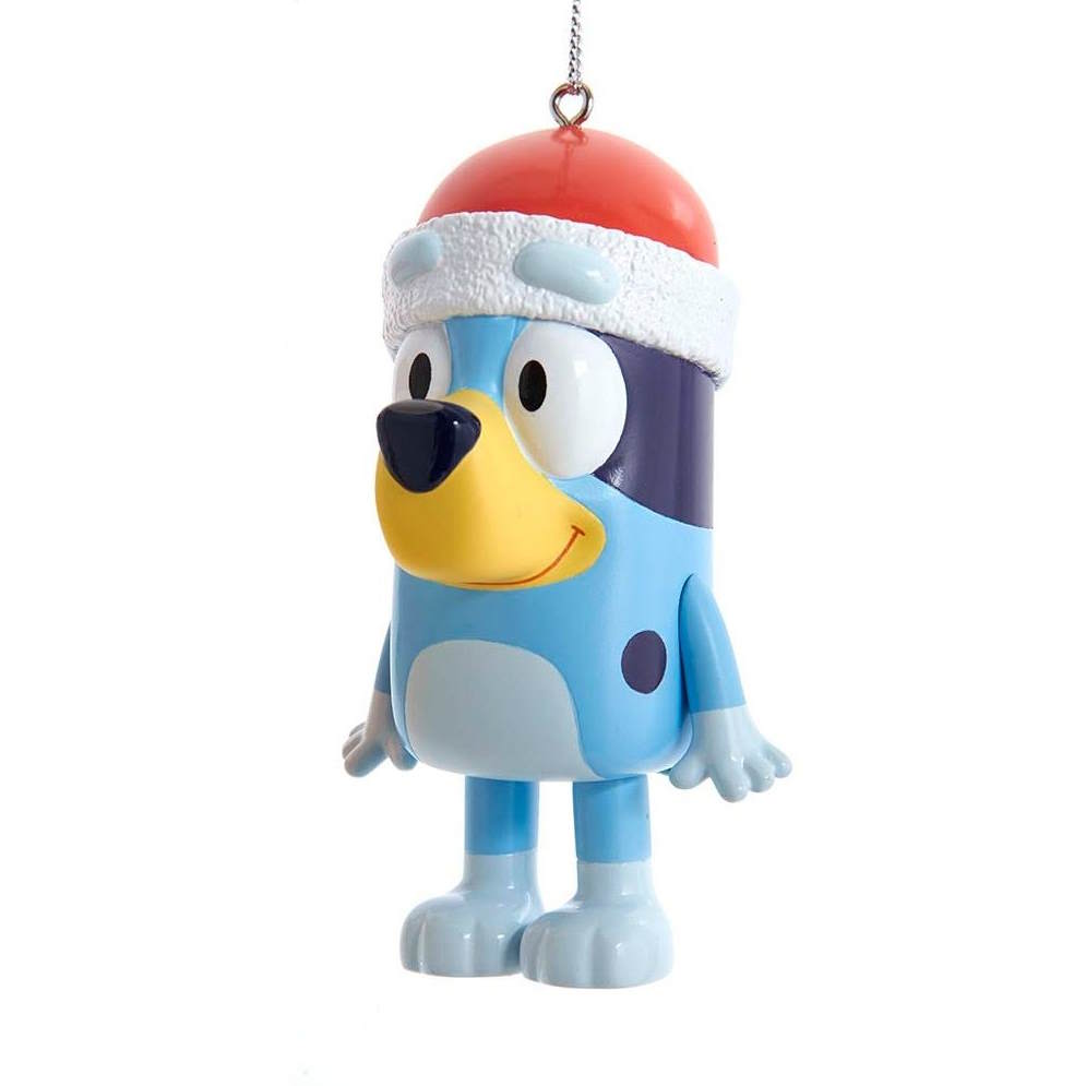Bluey con un adorno de gorro de Papá Noel