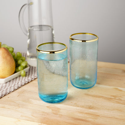 Aqua Bubble Glass Tumbler Set by Twine Living, blue tumblers with gold rims, 3 pcs on Tampa Home & Garden Store
