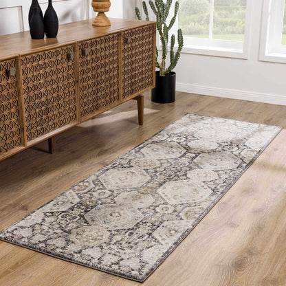 Minoa Area Rug by Boutique Rugs, distressed ivory and charcoal tones with vintage pattern on Tampa Home & Garden Store