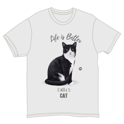 La vie est plus belle avec un t-shirt à motif chat noir et blanc -