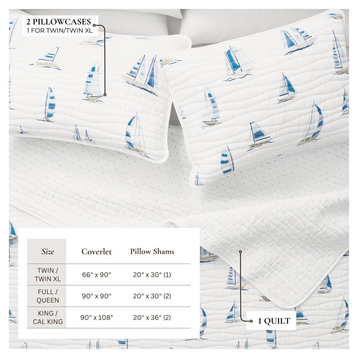 Coastal Blue Sailboat Quilt Set by Great Bay Home, sailboat print, includes 2 pillowcases on Tampa Home & Garden Store