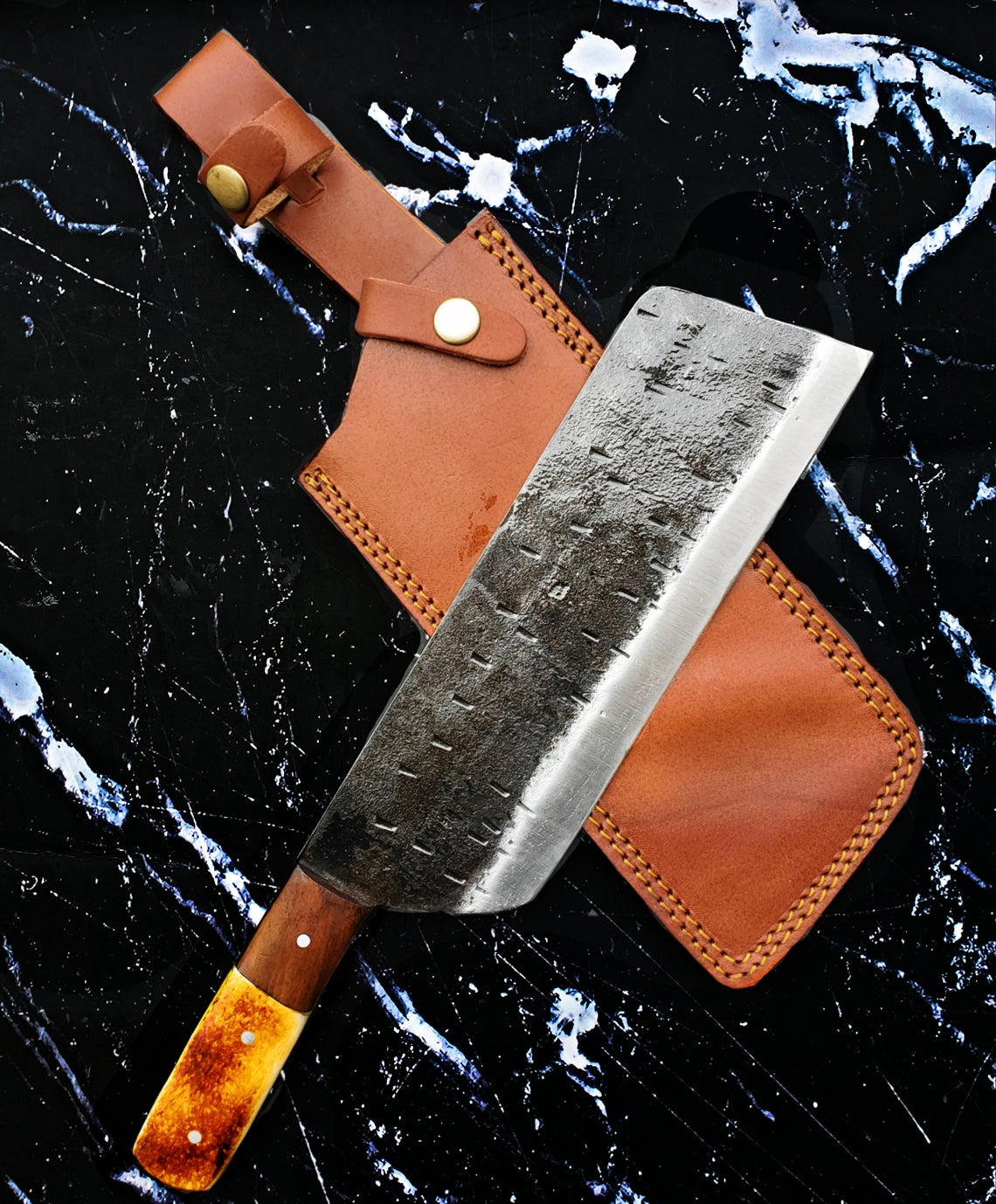Titan Duty Cleaver: carbon steel meat chopper with burnt camel bone and walnut handle on Tampa Home & Garden Store