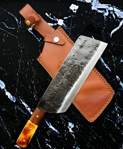 Titan Duty Cleaver: carbon steel meat chopper with burnt camel bone and walnut handle on Tampa Home & Garden Store