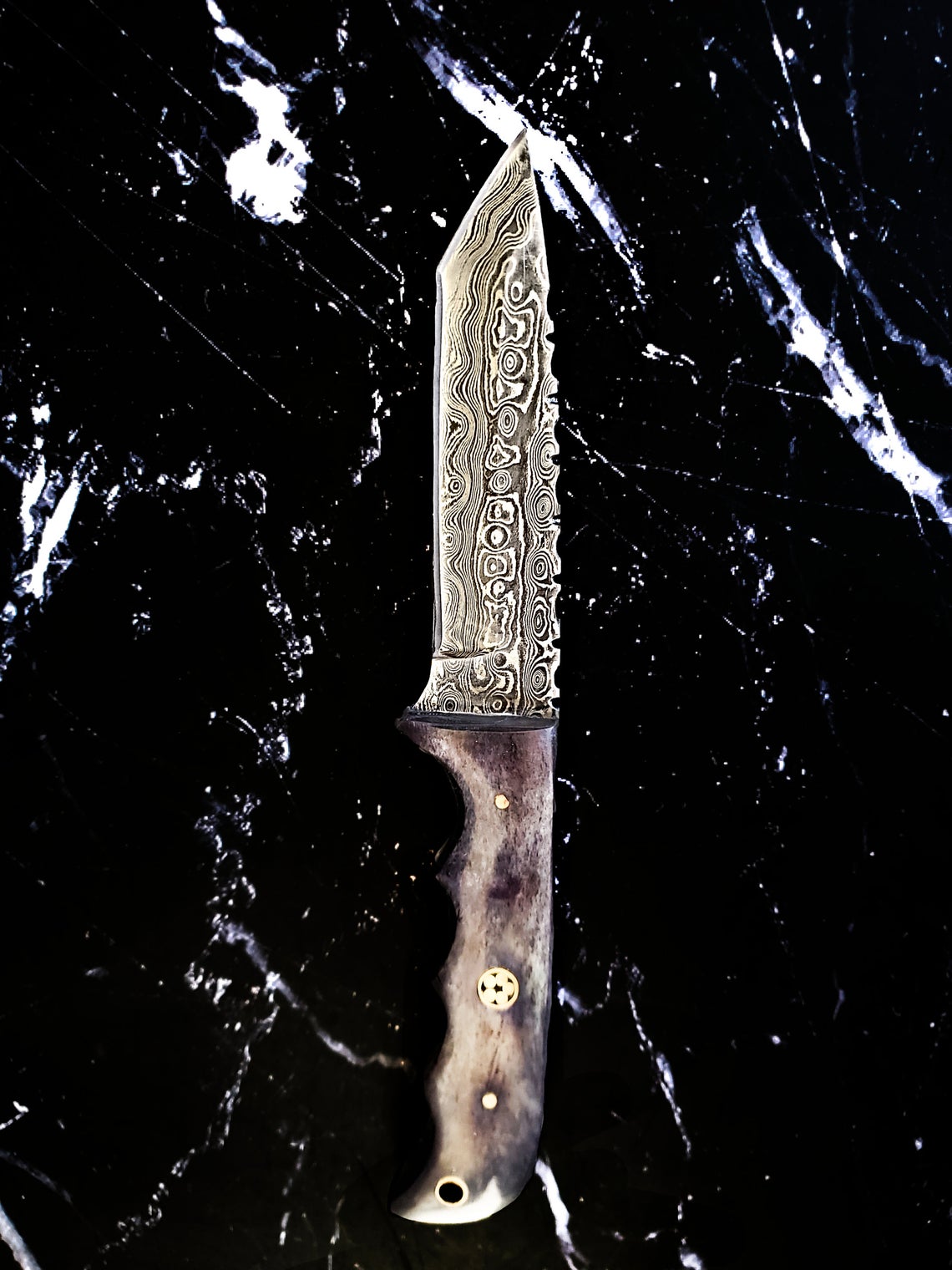 Titan Cavalry Damascus steel Tanto EDC knife with brown wood handle and brass pins on Tampa Home & Garden Store
