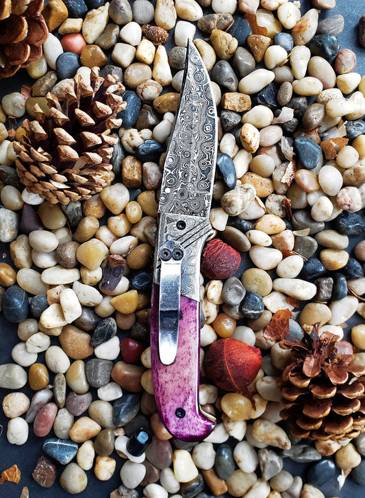 Titan Classico Viola Raindrop Damascus knife TF-002 with purple handle and clip point on Tampa Home & Garden Store