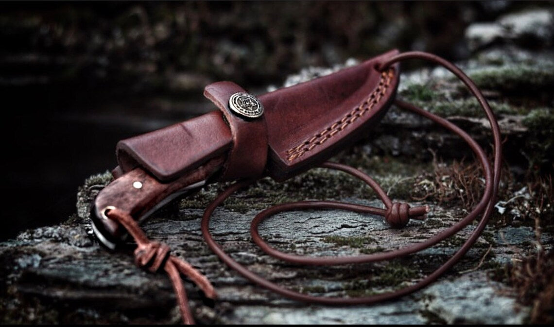 E3 Carbon 1080 neck knife with mini rosewood grip in brown leather sheath Titan TC-003 on Tampa Home & Garden Store