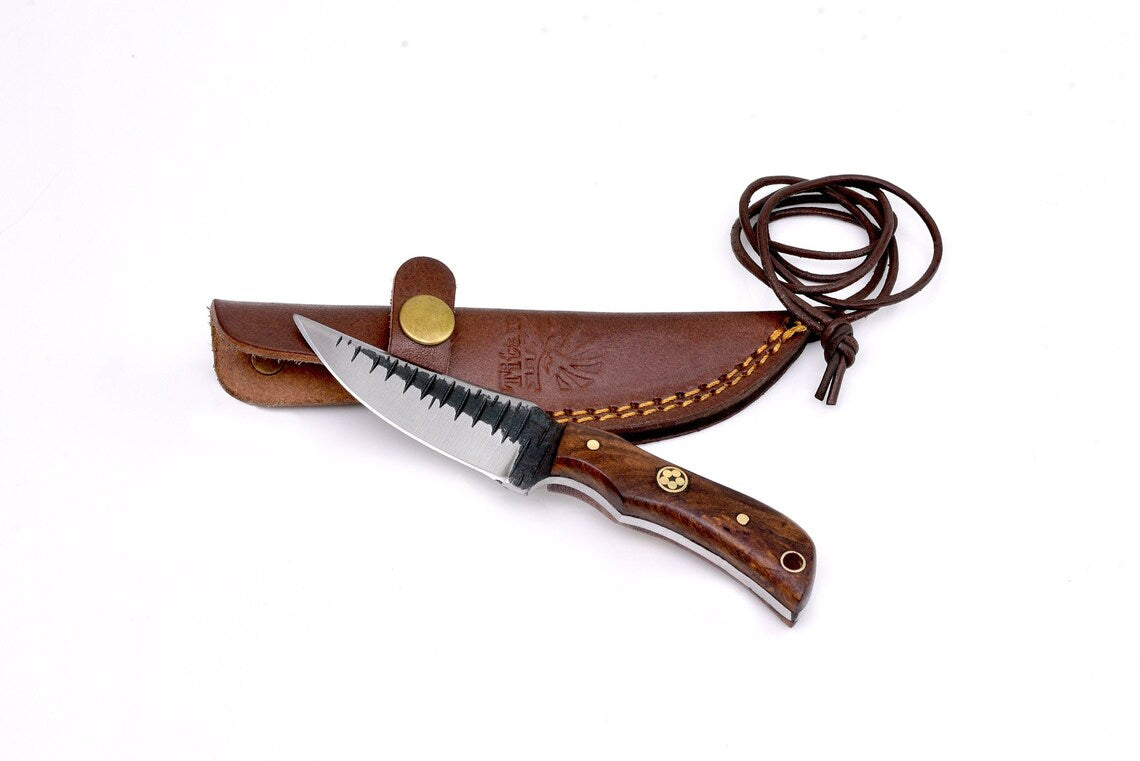 E3 Carbon neck knife with rosewood grip and forged scales, Titan TC-003, leather sheath on Tampa Home & Garden Store
