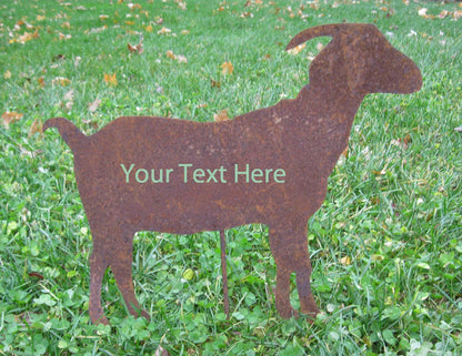 Metal goat yard art silhouette with rust finish and customizable text for lawn on Tampa Home & Garden Store