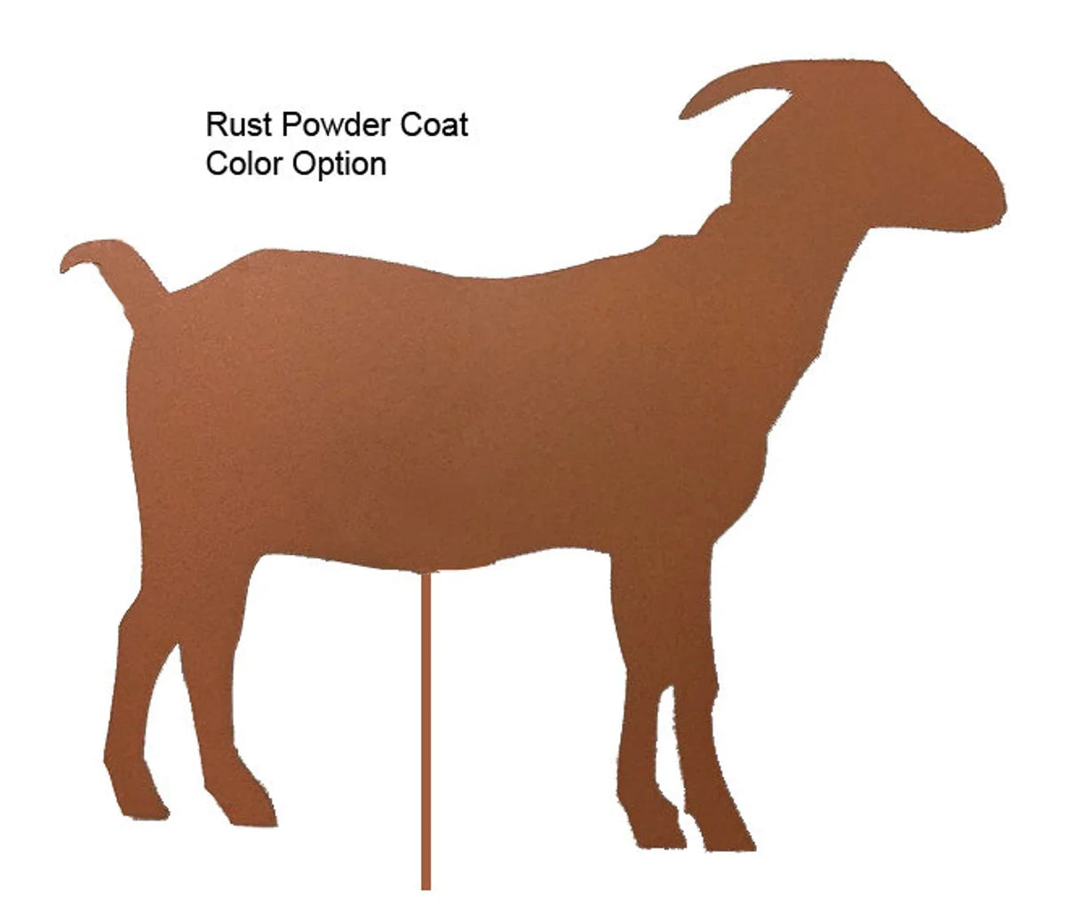 Metal goat yard art silhouette in rust powder coat finish for lawn decor Rustica Ornamentals on Tampa Home & Garden Store