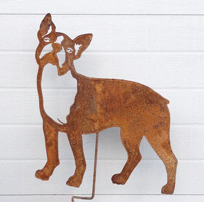 Boston Terrier memorial garden sculpture two rusted metal dogs by Rustica Ornamentals on Tampa Home & Garden Store