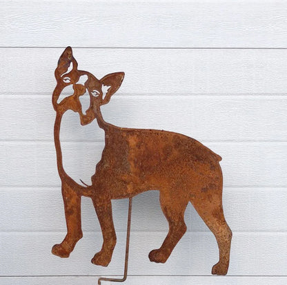 Boston Terrier memorial wall art sculpture featuring two rusted metal terrier figures for garden on Tampa Home & Garden Store