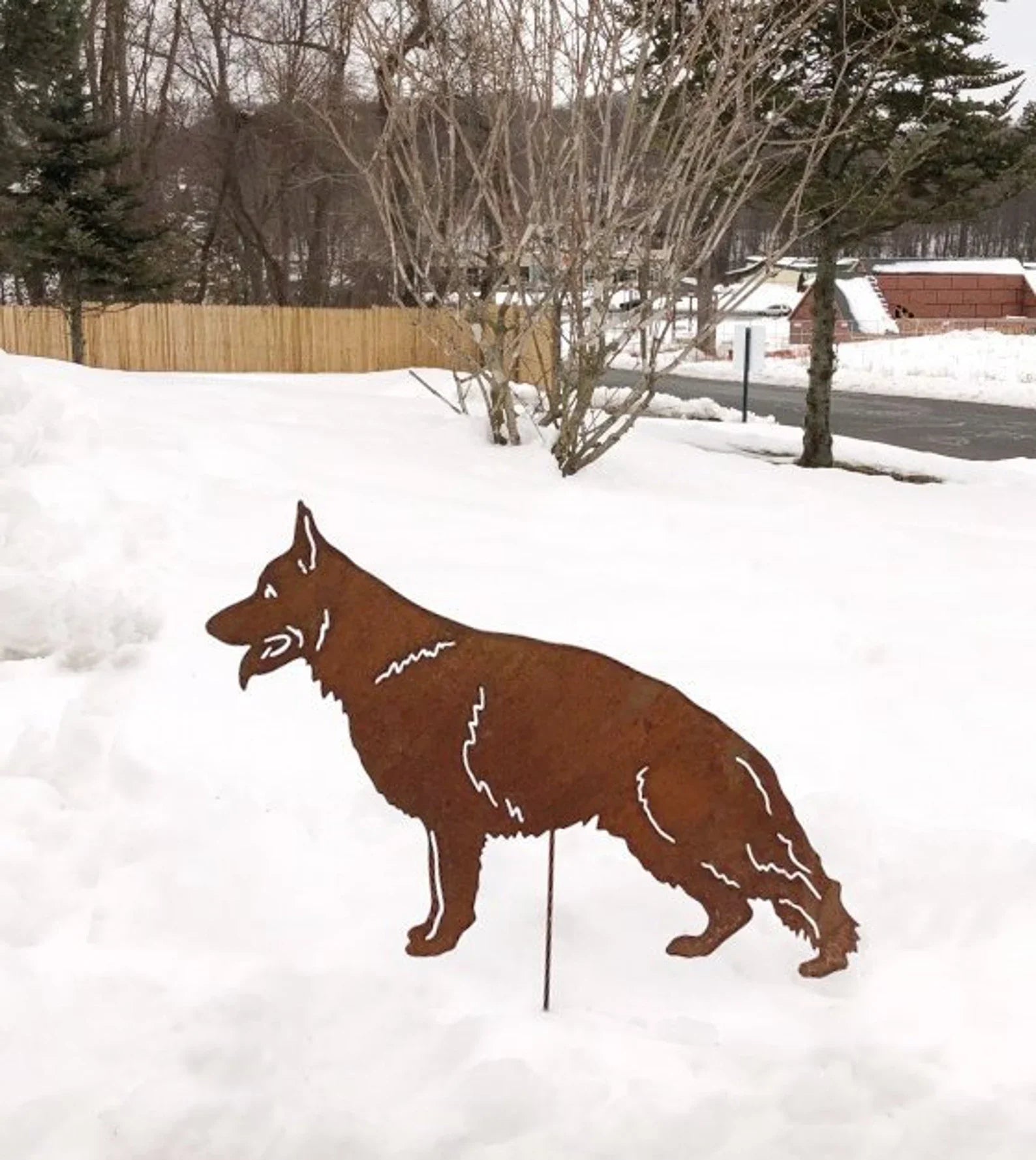 German Shepherd garden statue rust metal silhouette with stake by Rustica Ornamentals on Tampa Home & Garden Store