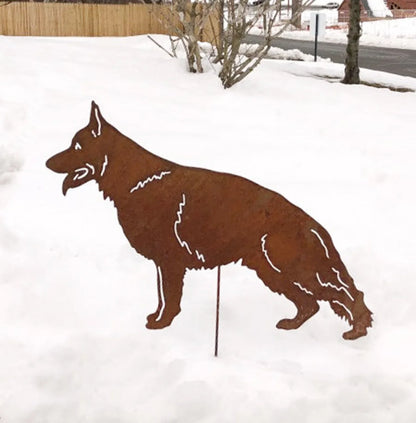 German Shepherd statue rusted metal outdoor sculpture by Rustica Ornamentals in snow on Tampa Home & Garden Store