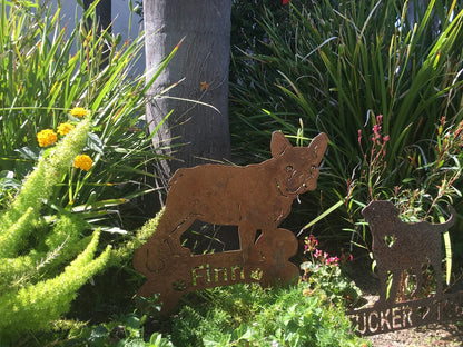 French Bulldog garden statue in rusty metal by Rustica Ornamentals with two dog silhouettes on Tampa Home & Garden Store
