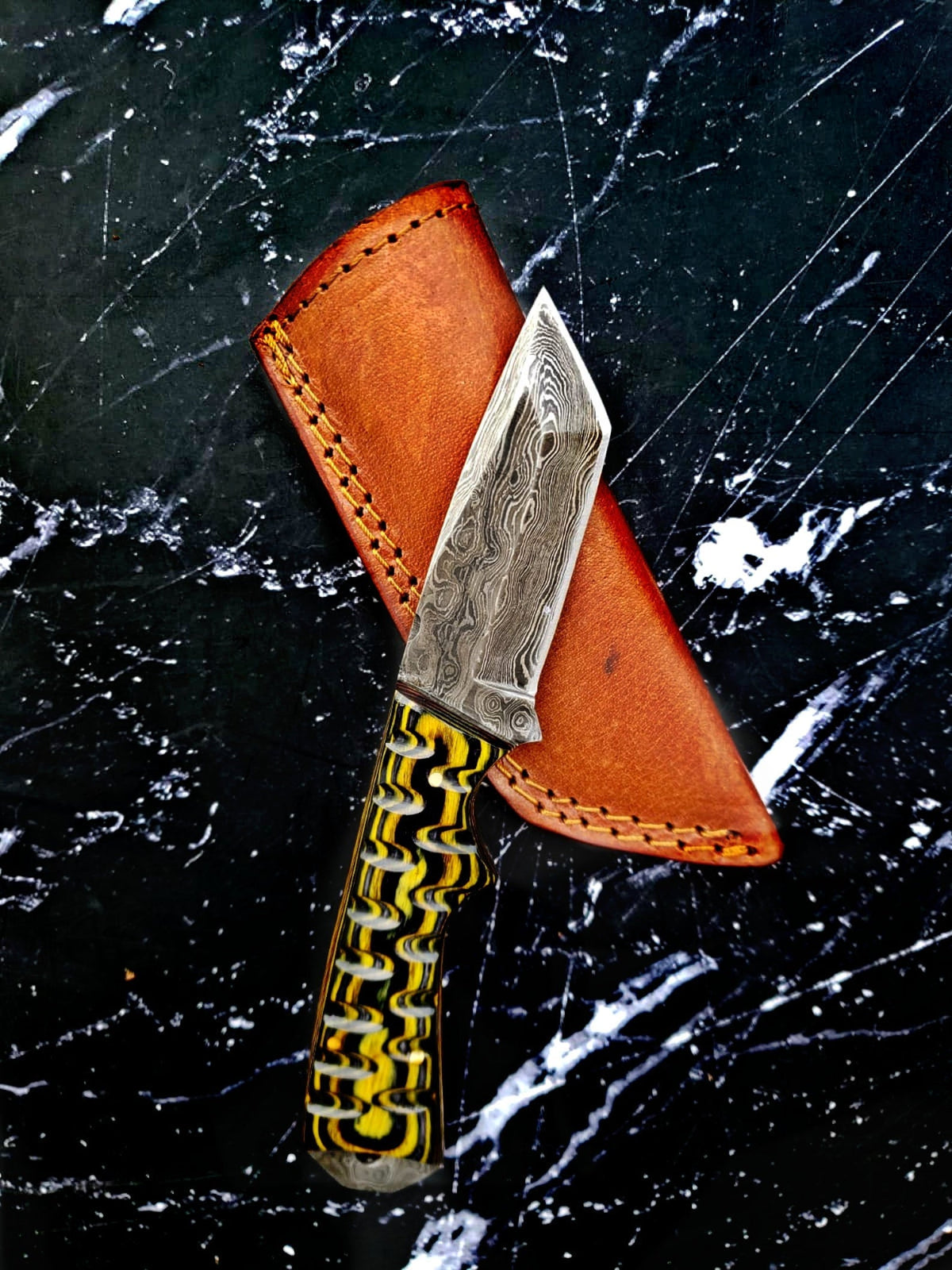 Damascus knife 8in with carved diamond wood handle and brown leather sheath on Tampa Home & Garden Store
