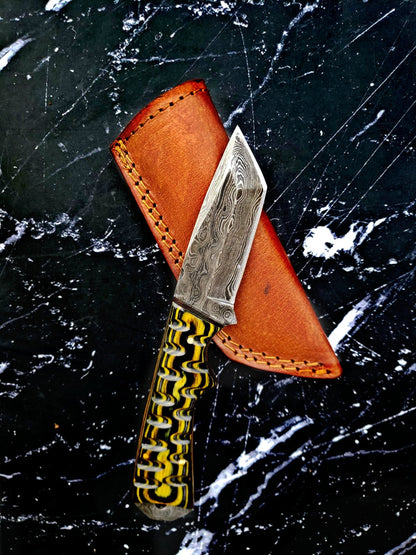 Damascus knife 8in with carved diamond wood handle and brown leather sheath on Tampa Home & Garden Store