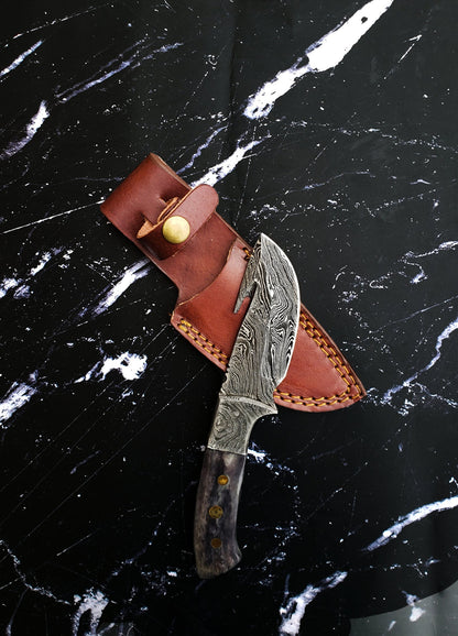 Damascus skinning gut-hook hunting knife with leather sheath, Titan International K TD-221 on Tampa Home & Garden Store