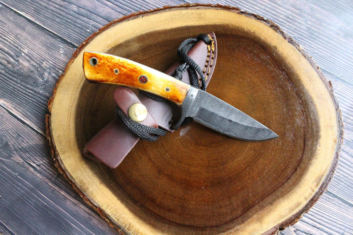 Damascus fixed blade hunting knife TD-077 with amber bone handle leather sheath on Tampa Home & Garden Store