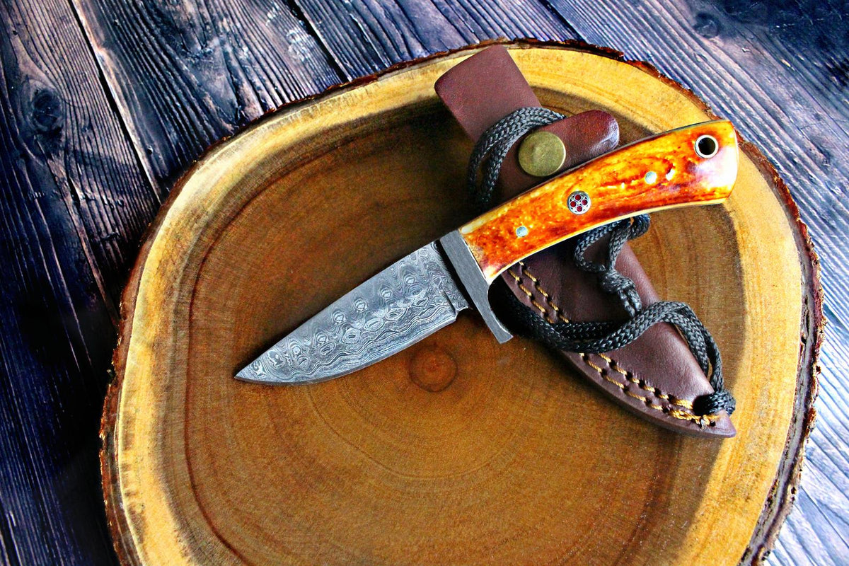 Damascus steel fixed blade hunting knife with orange-brown resin handle, drop point TD-077 by Titan on Tampa Home & Garden Store