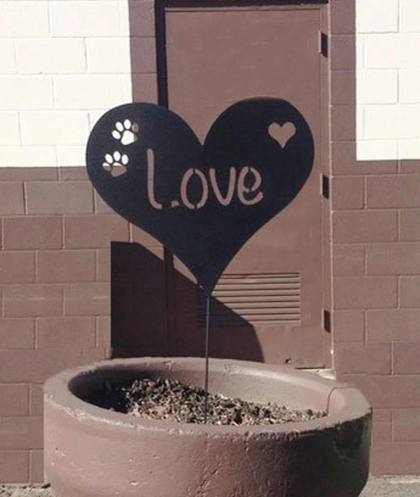 Heart-shaped metal garden stake with paw prints, black finish, Rustica Ornamentals on Tampa Home & Garden Store