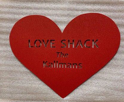 Heart shaped red metal wall art with cutout text LOVE SHACK The Kallmans by Rustica Ornamentals on Tampa Home & Garden Store