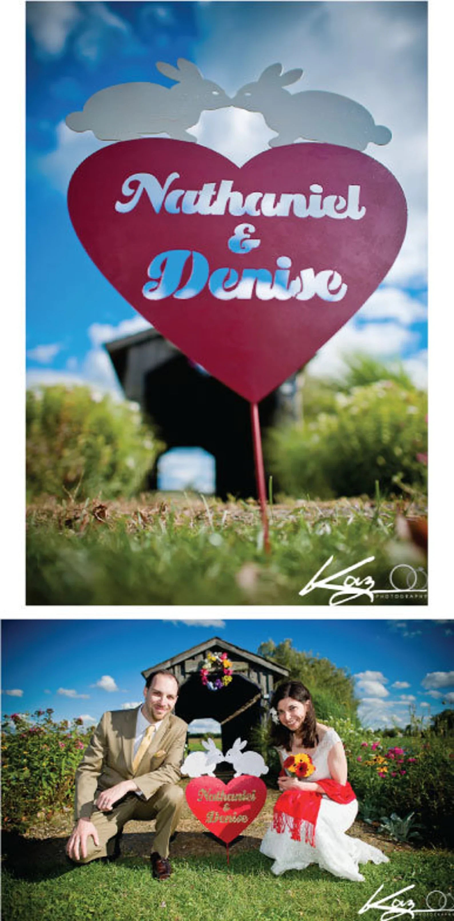 Heart garden stake heart, Nathaniel & Denise script, bunny toppers by Rustica Ornamentals on Tampa Home & Garden Store