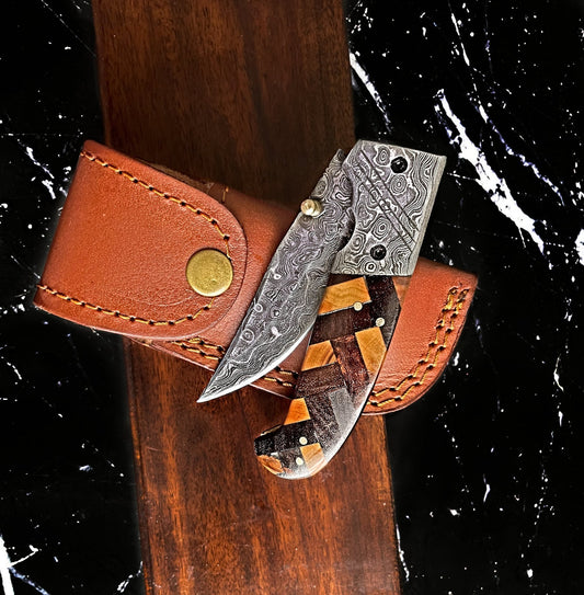Titan Classico raindrop Damascus folding knife for EDC with checkered walnut olive scales on Tampa Home & Garden Store