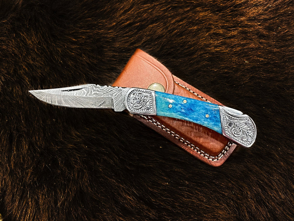 Pocket knife TF-010B Titan Intl K with dyed blue bone handle, Damascus blade, back-lock on Tampa Home & Garden Store