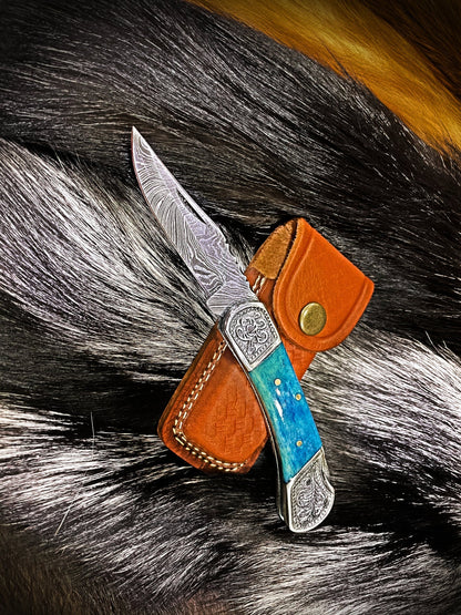 Pocket knife with dyed blue bone handle and Damascus blade TF-010B leather sheath on Tampa Home & Garden Store