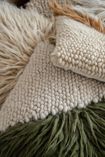 Throw pillow Forest Bark cream chunky-knit with olive fringe on Tampa Home & Garden Store