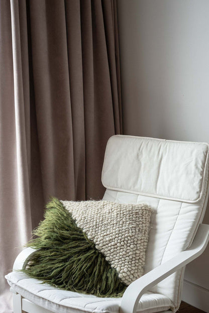 Pillow Forest Bark by Creating Comfort on a white chair with beige knit pillow and taupe drapes on Tampa Home & Garden Store
