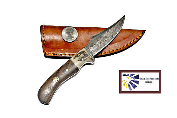 Damascus steel skinner knife with stag horn and walnut grip, Titan Td-340, leather sheath on Tampa Home & Garden Store