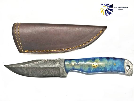EveryDay Carry Damascus Knife Td-378 Titan blue handle Damascus blade leather sheath on Tampa Home & Garden Store
