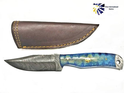 EveryDay Carry Damascus Knife Td-378 Titan blue handle Damascus blade leather sheath on Tampa Home & Garden Store