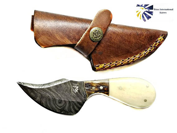 TD-043 Titan fixed-blade knife with damascus blade and ivory handle, leather sheath on Tampa Home & Garden Store