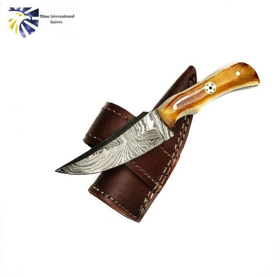 Damascus neck knife TD-178 Burnt Bone with bone handle, leather sheath Titan Intl Knives on Tampa Home & Garden Store