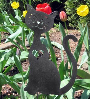 Cat garden art by Rustica Ornamentals, black metal cat silhouette with heart cutout on Tampa Home & Garden Store