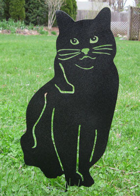 Cat-shaped metal plant stake silhouette with lime-green accents, garden yard decor on Tampa Home & Garden Store